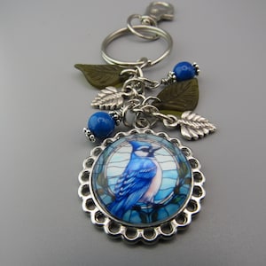 Blue Jay Photo Charm Keychain: Silver Leaf and Blue Beads