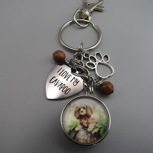 May include: Silver key chain with a heart charm that says "I love my Cavapoo" and a round charm with a picture of a brown and white Cavapoo dog. The keychain also has a paw print charm and brown beads.