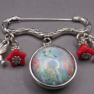 Hummingbird Brooch Pin: Photo Snap, Red Flower Beads, Silver Charms