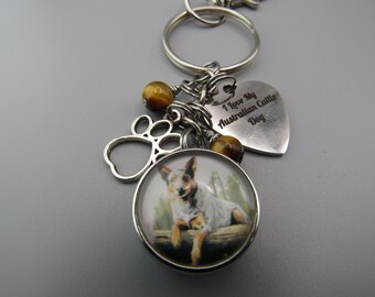 Australian Cattle Dog Keychain Stainless Charm Brown Beads