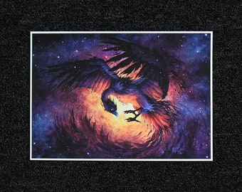 May include: A vibrant watercolor painting of a mythical bird with black and red feathers flying through a swirling galaxy of purple, blue, and orange.