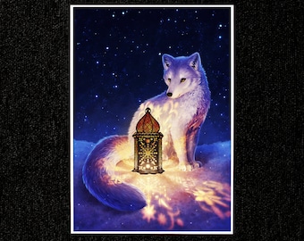 May include: A digital art print featuring a white arctic fox with a glowing lantern. The fox is depicted in a snowy landscape under a starry night sky. The lantern casts a warm, intricate light pattern on the snow.