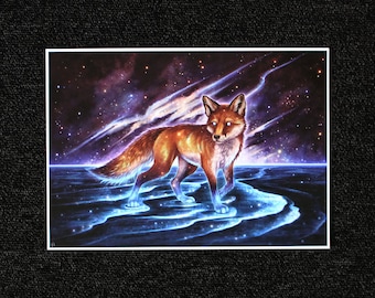 May include: A red fox with a starry pattern walks on a blue and purple water surface with a starry sky background.