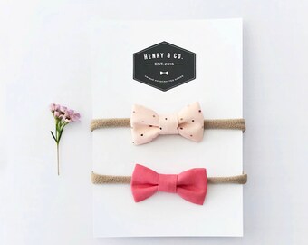 Petite Pink Bow Set // Petal pink with multi-colored dots & coral