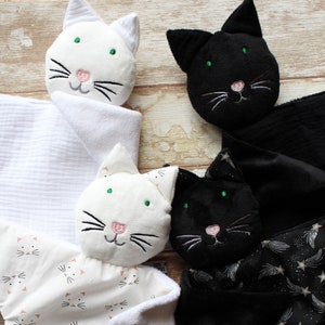 Black or White Cat Lovey, Cat Baby shower gift, Cuddling cat toy, Cat baby blanket