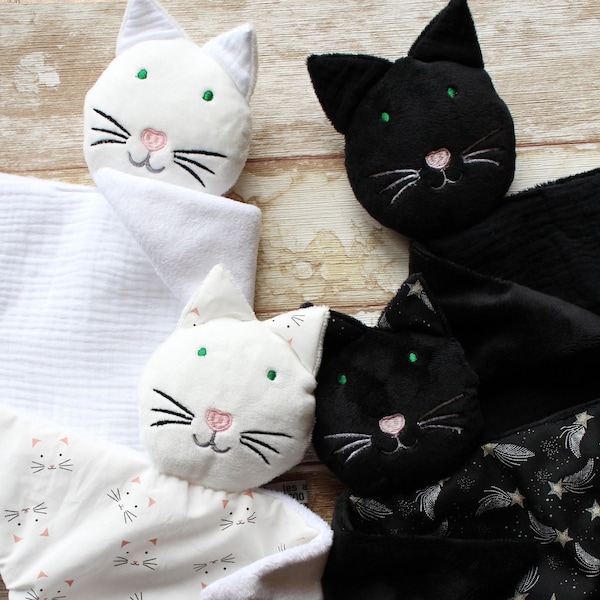 Black or White Cat Lovey, Cat Baby shower gift, Cuddling cat toy, Cat baby blanket