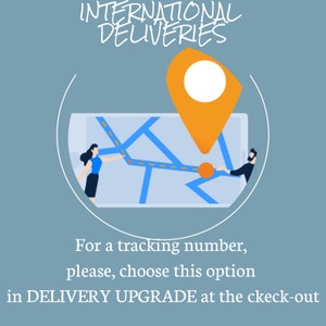 May include: Illustration of a map with a location pin on a smartphone screen. Two people are pointing to the map. Text reads: "INTERNATIONAL DELIVERIES. For a tracking number, please, choose this option in DELIVERY UPGRADE at the check-out."