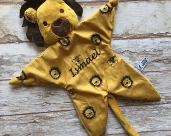 Baby lovey blanket lion, Cuddle toy lion with name embroidered, Baby shower unisex present