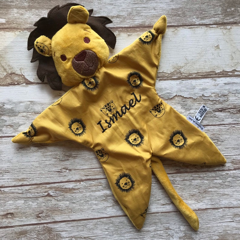 Baby lovey blanket lion, Cuddle toy lion with name embroidered, Baby shower unisex present 