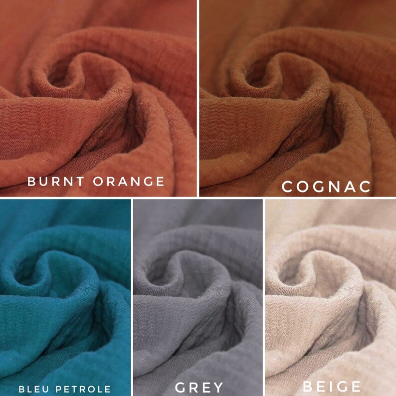 May include: Close-up of six fabric swatches in different colors: burnt orange, cognac, bleu petrole, grey, beige. The fabric is a soft, crinkled gauze.