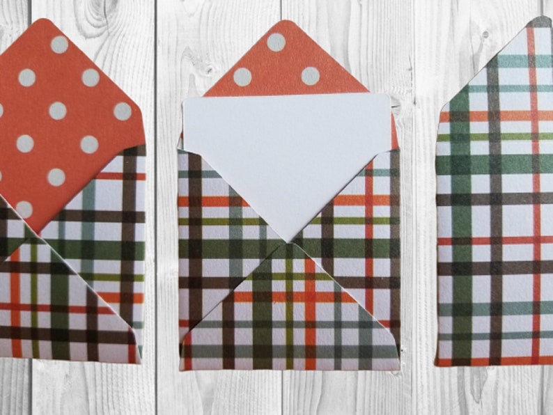 Plaid mini envelopes and small cards 12 Tiny Envelopes with flat note cards Small Envelopes Miniature 2 x 2 Envelopes Lined envelopes.
