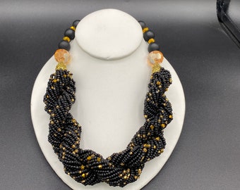 African Womens Jewelry Set Necklace, Earrings and Bracelet|African Jewelry|Handmade| Beaded Necklace|Black & Gold| Woman Jewelry|Ghana Beads