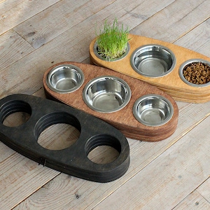 Cat bowls – Triplex raised bowl stand. Cat food bowls, cat feeding bowls, cat feeder, designer cat bowls,gift cat lover, cat feeding stand