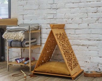Cat house - Cat teepee (Carving). Cat furniture, cat beds, modern cat furniture, pet teepee, cat teepee bed, kitten house, cat playhouse