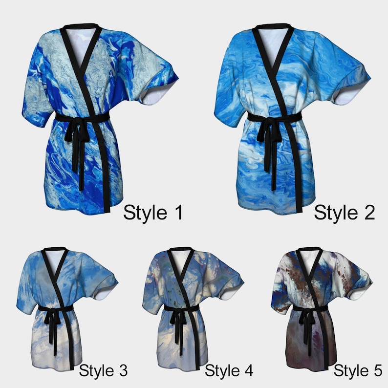 Robe Fluid Art Bride Robe Chiffon Knit Coverup Blue Pour Painting Art Bridesmaid Robe Spa Robe,Swimsuit Coverup Blue Kimono Robe