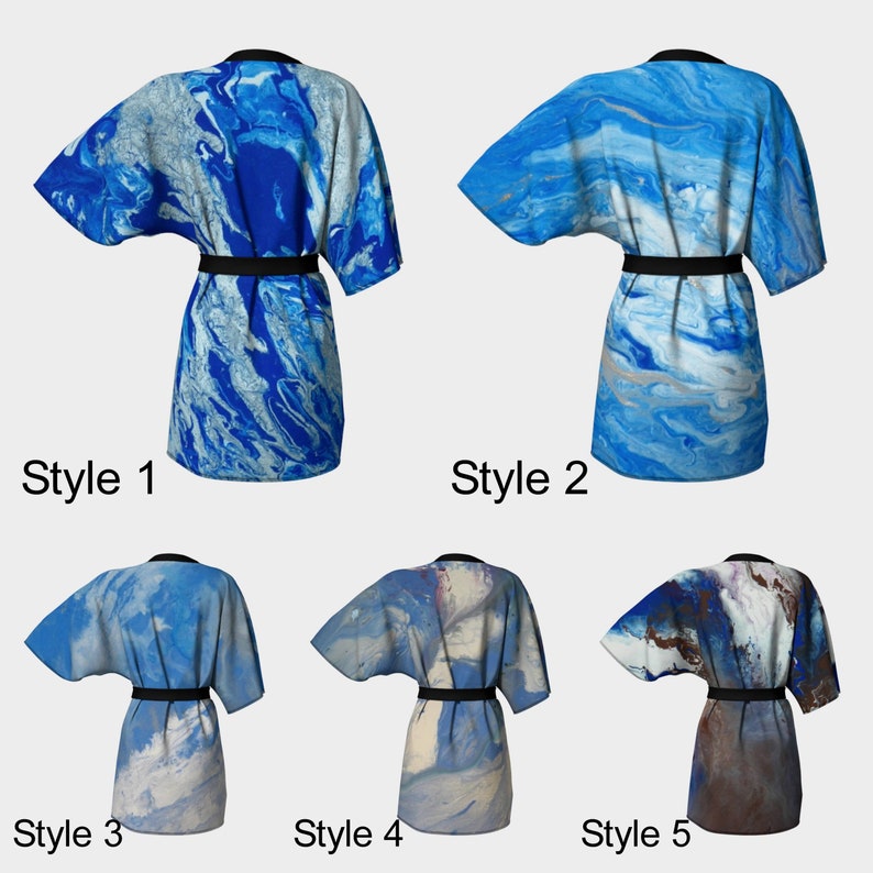 Robe Fluid Art Bride Robe Chiffon Knit Coverup Blue Pour Painting Art Bridesmaid Robe Spa Robe,Swimsuit Coverup Blue Kimono Robe