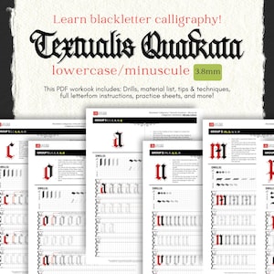 Può includere: Un manuale digitale in formato PDF per imparare la calligrafia gotica Textualis Quadrata. Il documento contiene pagine didattiche con esercizi, una lista dei materiali e fogli di pratica per le lettere minuscole, con indicazione di un pennino da 3,8 mm.