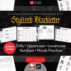 May include: Digital workbook for Procreate and print, featuring stylized Blackletter drills, uppercase, lowercase, numbers, and word practice. Includes a bundle offer and digital download options. The image shows tablets with practice sheets.