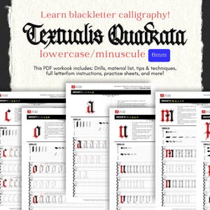 Puede incluir: Hojas de práctica de caligrafía en negro y rojo para aprender la escritura minúscula Textualis Quadrata. Las hojas incluyen ejercicios, instrucciones y ejercicios de práctica. El texto "Learn blackletter calligraphy!" está en la parte superior.