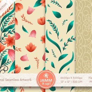 Puede incluir: Cuatro patrones florales sin costuras con flores estilizadas, hojas y elementos ornamentales en coral, verde azulado y beige. Los patrones miden 30,48 cm x 30,48 cm y están etiquetados como "Original Seamless Artwork".