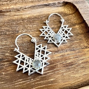 Handcrafted Sri Yantra Earrings: Brass Sacred Geometry with Moonstone