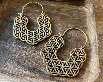 Handcrafted Brass Flower of Life Hoop Earrings: Sacred Geometry Jewelry