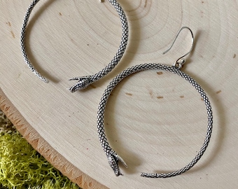 Silver Ouroboros Snake Hoop Earrings: Mystic Serpent Jewelry
