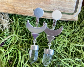 Raw Clear Quartz Moon Earrings, Crescent mystical , spiritual boho bohemian style  Crystal earrings jewelry