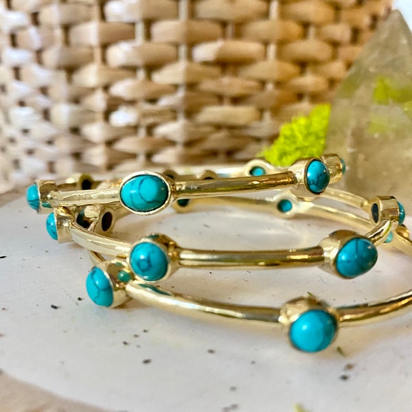 Bangle Bracelet with Turquoise Gemstones, Stacking bangle bracelet with gemstones.