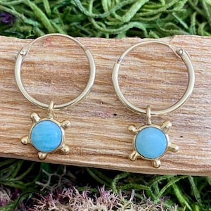 Mini Dainty Delicate Aquamarine Hoop Earrings, Aquamarine charm earrings