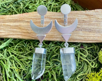Raw Clear Quartz Moon Earrings, Crescent mystical , spiritual boho bohemian style  Crystal earrings jewelry