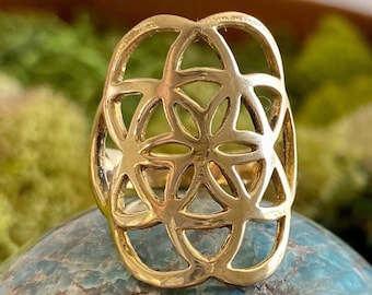 Puede incluir: Un anillo de tono dorado con un diseño calado de patrón de flor de la vida. La superficie metálica es lisa y reflectante, formando una serie de formas circulares interconectadas que crean una estructura simétrica, geométrica y de celosía.