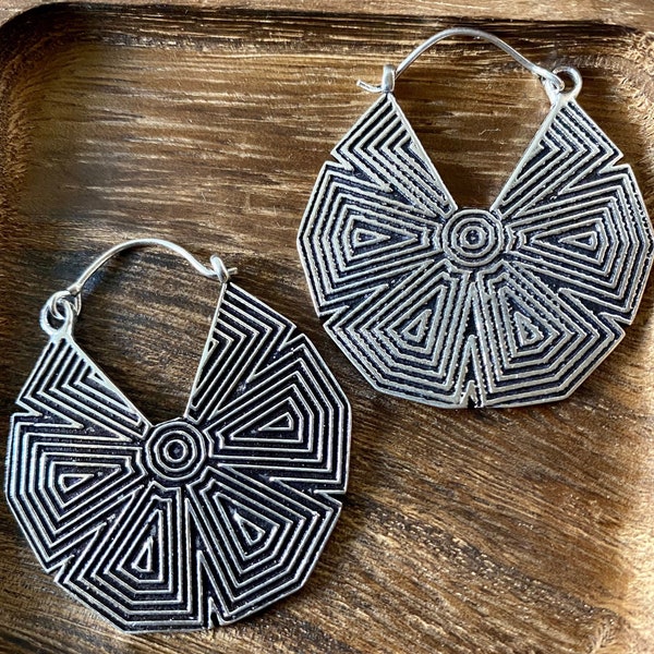 Tribal Geometric Hoop Earrings, boho bohemian Style, Sacred geometry Shape earrings jewelry