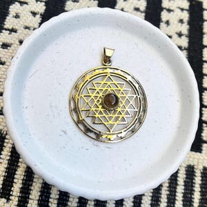 Sri Yantra Pendant with Tiger Eye Stone, Shree Yantra Chakra Sacred Geometry Jewelry