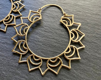 Handcrafted Brass Lotus Mandala Hoop Earrings: Sacred Geometry Jewelry