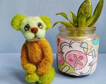 Needle felted teddy tear Patric,easter green Wool Art handmade  Fiber mini Sculpture ooak