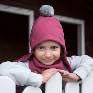 SET. Children's winter cap with a pompom and scarf Dark pink + grey pom