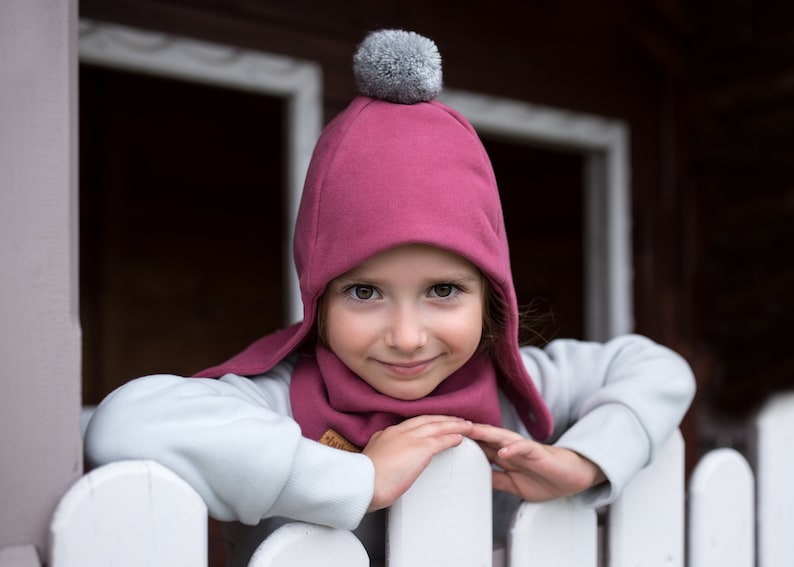 SET. Children's winter cap with a pompom and scarf Dark pink + grey pom