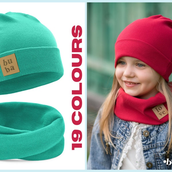 Winter children's cap and loopschal - red, grey, pink and neo colours.