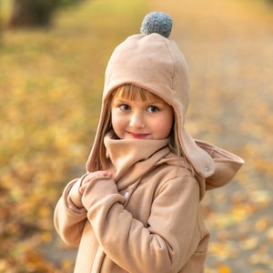 SET. Children's winter cap with a pompom and scarf Beige + grey pompom