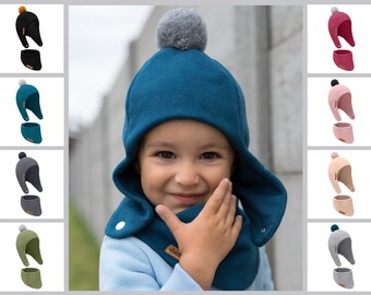 SET. Children's winter cap with a pompom and scarf - many colour.