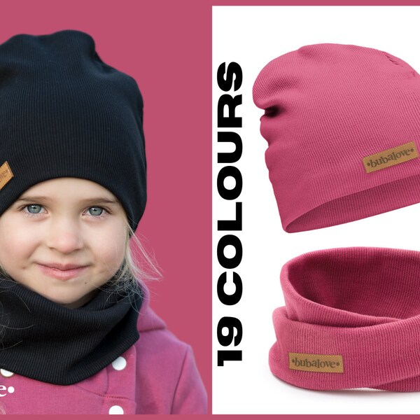 Black autumn cap with a tube scarf. Beanie. 19 colours