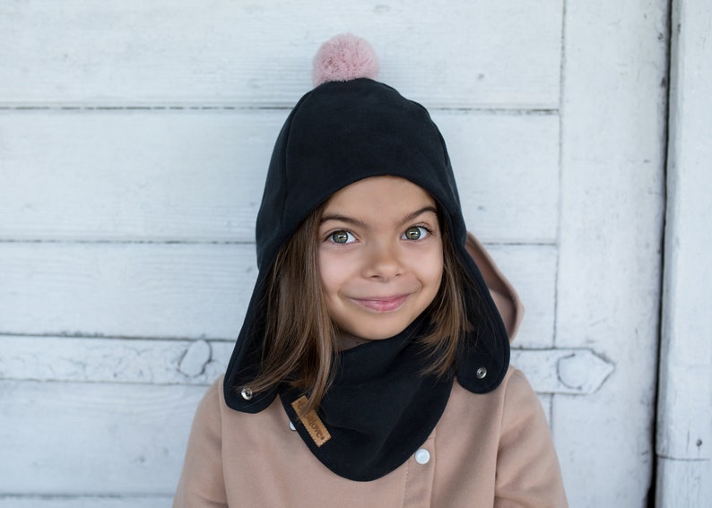 SET. Children's winter cap with a pompom and scarf Black + pink pompom