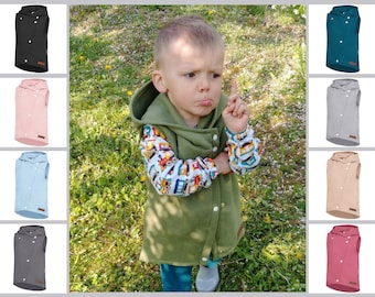 Children's cotton zip-up waistcoat with hood and pockets - several colour variations.