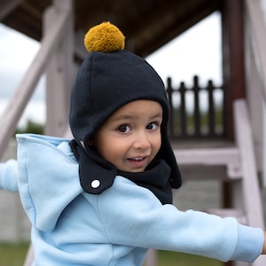 SET. Bonnet d'hiver pour enfants avec pompon et écharpe Black + mustard pom