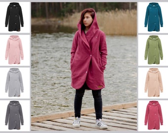 Women's hooded and buttoned coat in black, grey, pink, olive, navy and beige.