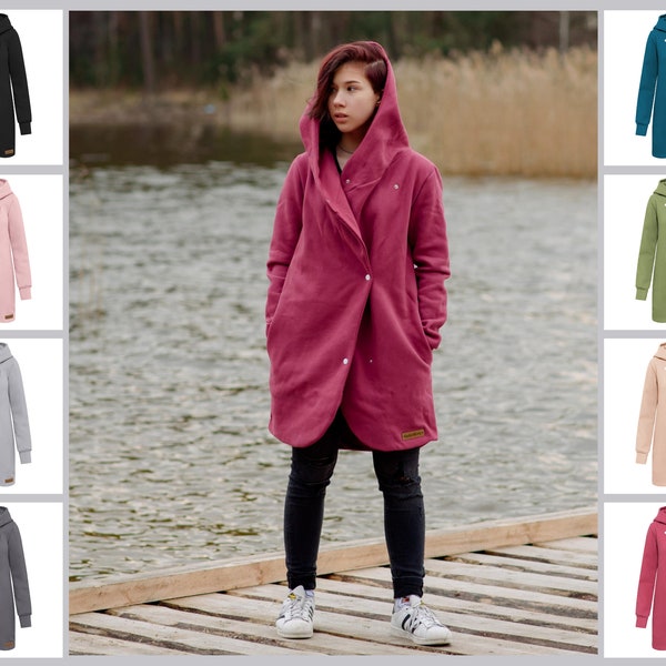 Women's hooded and buttoned coat in black, grey, pink, olive, navy and beige.