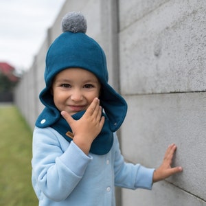 SET. Children's winter cap with a pompom and scarf Marine + grey pom