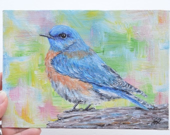 Bluebird Painting, Acrylic Small Paintings, Original Artwork, Art Collection, Bird Wall Art, 5x7 Canvas, Art Lover Gifts, Bluebird Gifts