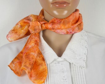 8 x 34, Small Silk Scarf, Orange Scarf, Silk Scarves, Hand Dyed, Short Scarf, Gifts, Ladies Ties, Neck Wrap, Women Scarves